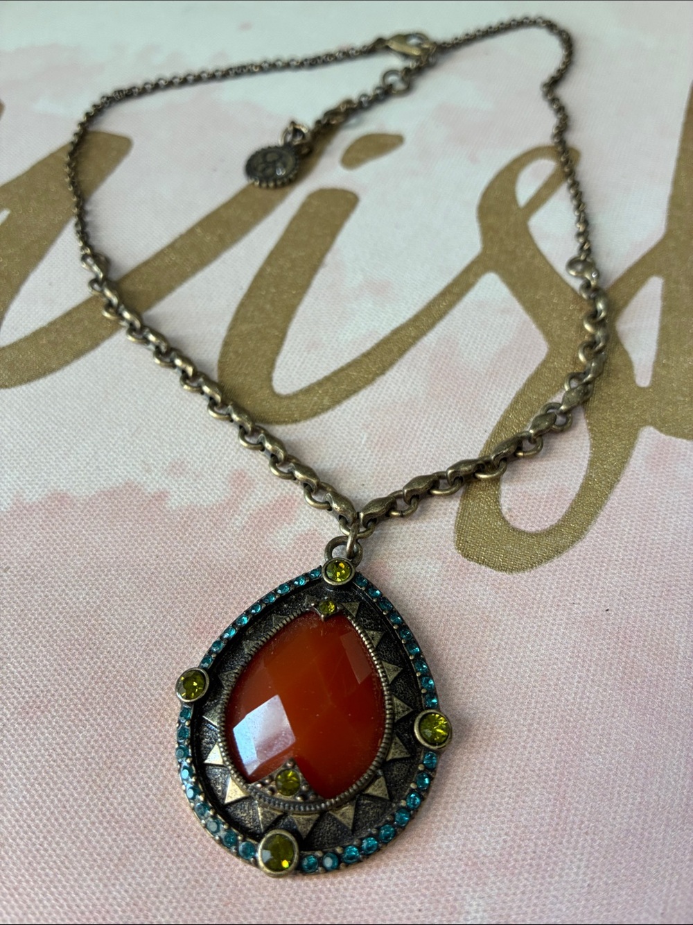 Jessica Simpson Orange Teardrop Pendant Necklace with Blue and Lime Accents